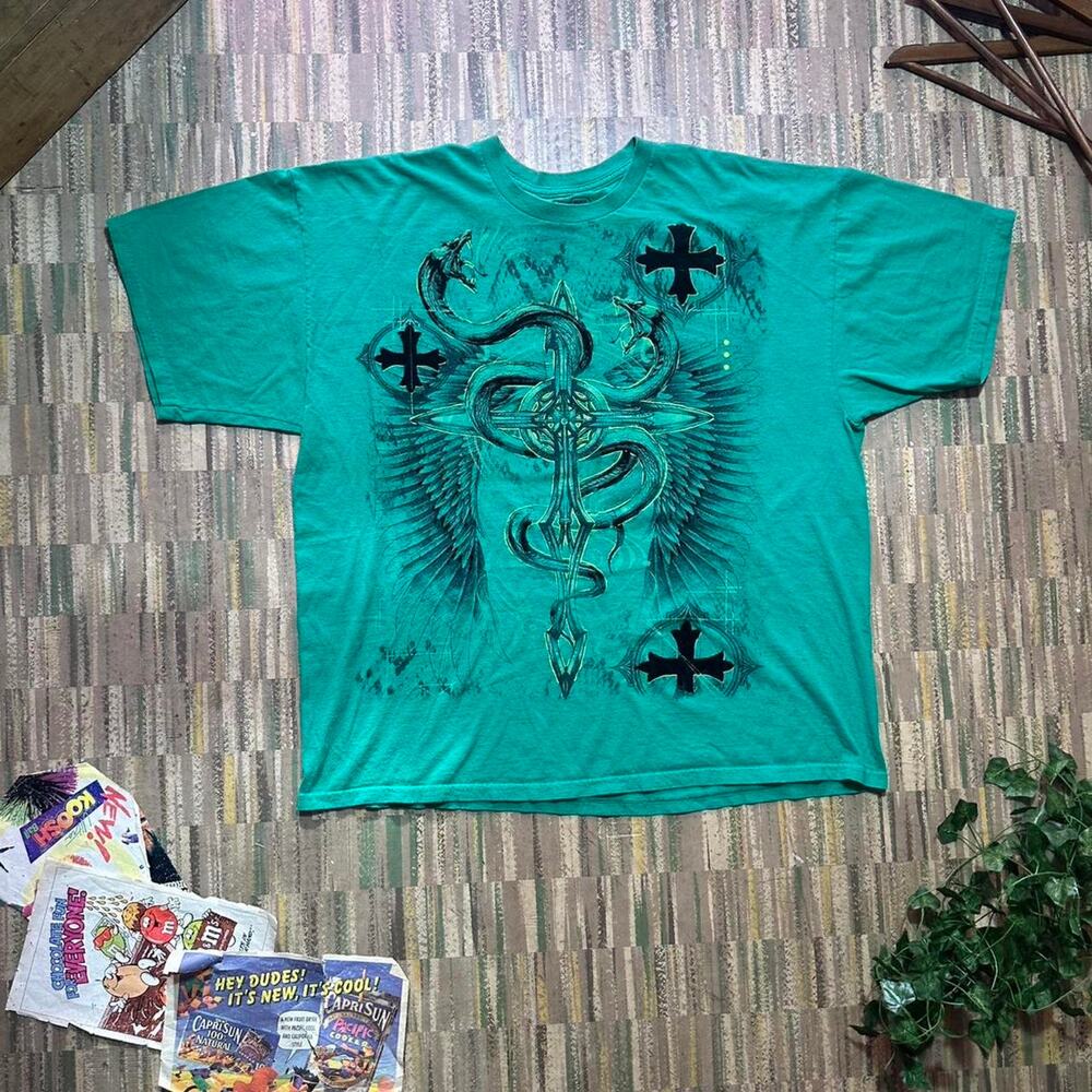 Y2K MMA Elite AOP Graphic Shirt Mens 2XL Green Black Boxy Dragon Skulls Shirt